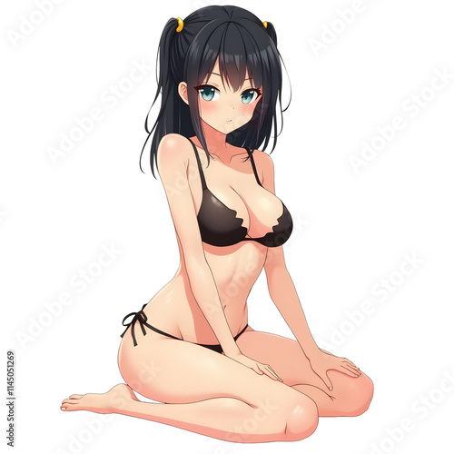 Anime girl in black bikini sitting on an isolated transparent background.