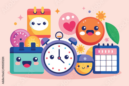 Wallpaper Mural Cute vector illustration featuring cheerful clocks, calendars, and various colorful characters on a light background displaying joy and fun Torontodigital.ca