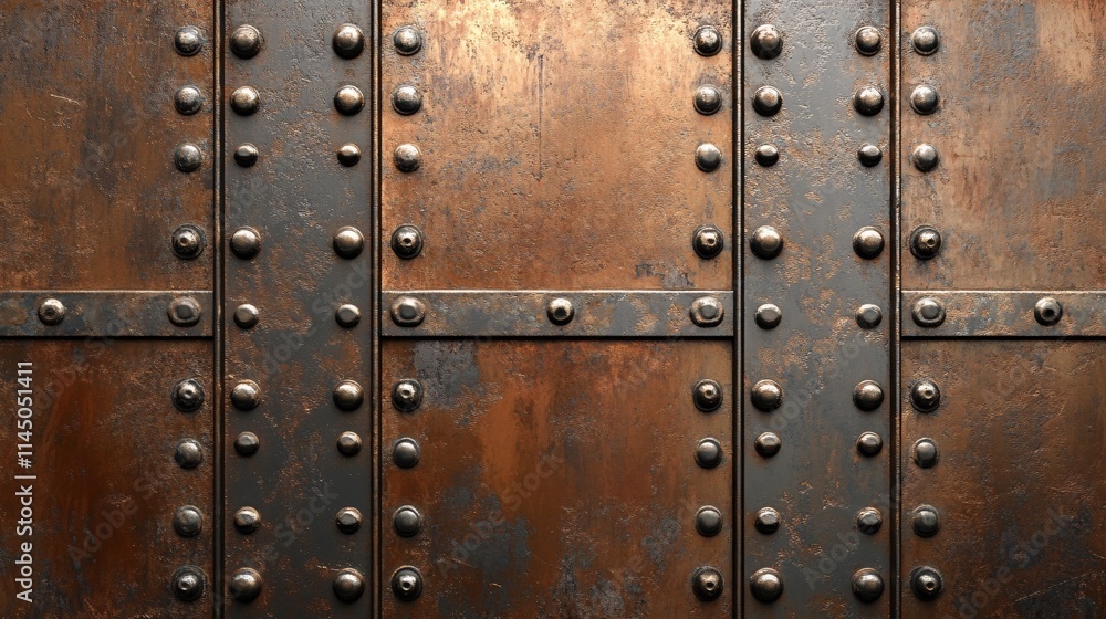 Rustic metal wall with rivets and an industrial aesthetic. Rustic metal wall with rivets and an industrial aesthetic.