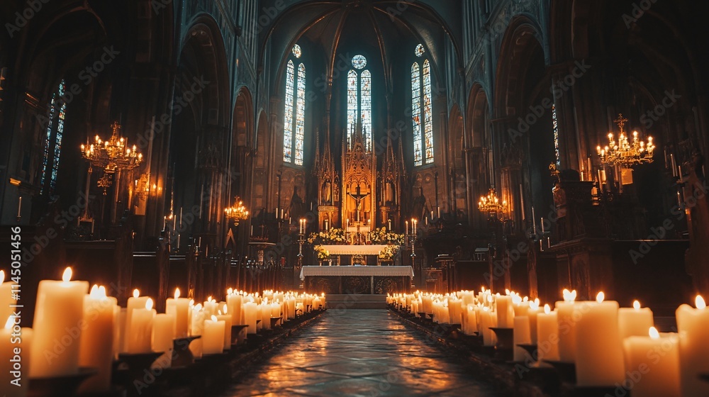 A serene interior of a grand cathedral illuminated by flickering candles. A serene interior of a grand cathedral illuminated by flickering candles.