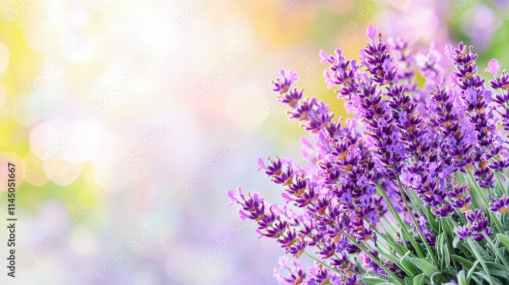 Fototapeta premium Lavender flowers blooming in a sunny garden with a soft pastel bokeh background.
