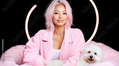 Confident woman with silver hair and white dog under a neon circular backdrop wearing pink blazer exuding modern elegance with soft lighting effects photo