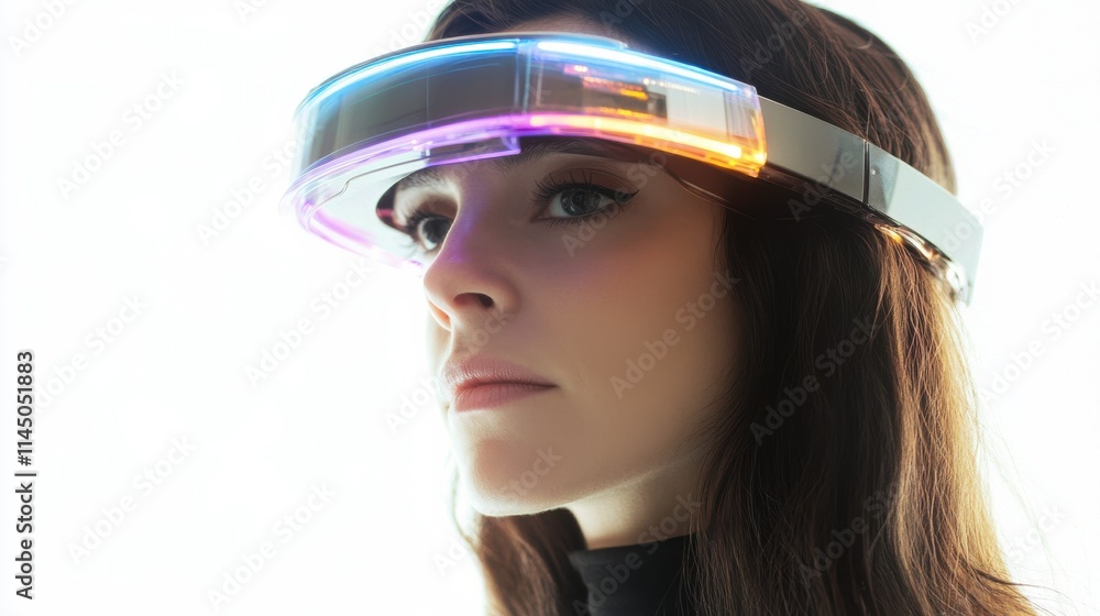 Futuristic Woman Using High-Tech Visor with LED Lights, Engaged in Virtual Reality Experience in a Minimalistic and Bright Environment