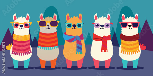 Llamas wearing sunglasses and colorful scarves against a blue backdrop with mountains and cheerful expression