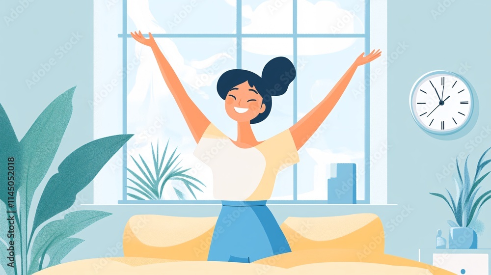 Obraz premium A joyful young woman with black hair stretches in her cozy bedroom, embracing a bright morning.