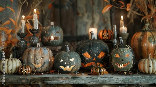 Rustic Halloween Pumpkin Display with Jack-o’-Lanterns and Candlelit Ambiance photo