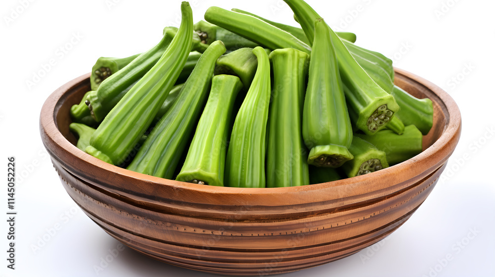Fresh Harvest: A Beautiful Display of Vibrant and Glossy Okra (Bhindi) vegetables on a Rustic wooden Background Fresh Harvest: A Beautiful Display of Vibrant and Glossy Okra (Bhindi) vegetables on a Rustic wooden Background