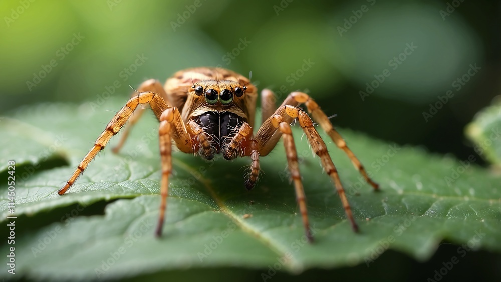 A spider delicately perched on a leaf, its web glistening in the sun A spider delicately perched on a leaf, its web glistening in the sun