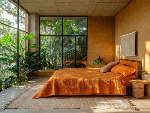 The serene and natural ambiance of this bedroom is enhanced by the presence of large windows that allow an abundance of sunlight to pour in. photo