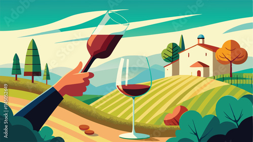 Pouring red wine into a glass overlooking a scenic landscape with mountains and trees during sunset