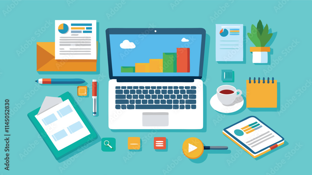 Detailed vector illustration of a modern workspace with laptop, documents, coffee, charts, and office supplies in a vibrant color scheme Detailed vector illustration of a modern workspace with laptop, documents, coffee, charts, and office supplies in a vibrant color scheme