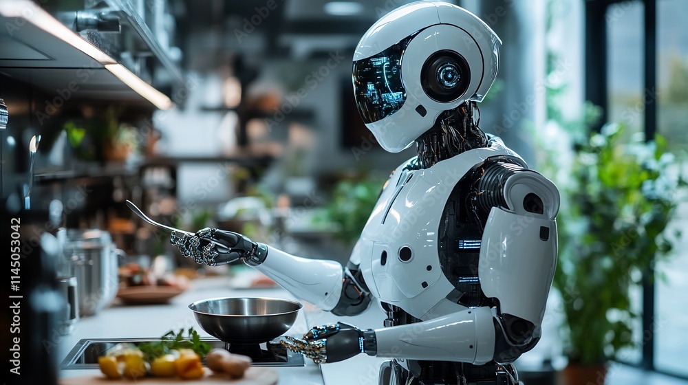 A Robot Chef is Cooking in a Modern Kitchen. A Robot Chef is Cooking in a Modern Kitchen.