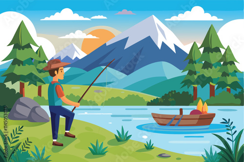 Fishing in a tranquil mountain lake during sunset with lush trees and serene waters