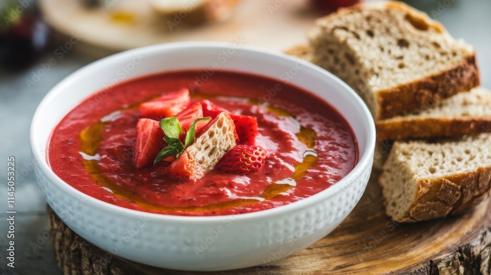 A plate of cold tomato and strawberry soup with crispy wheat bread. Red soup with strawberry slices. Cubes of toasted bread are laid out on top of the soup. The background is blurred. A plate of cold tomato and strawberry soup with crispy wheat bread. Red soup with strawberry slices. Cubes of toasted bread are laid out on top of the soup. The background is blurred.