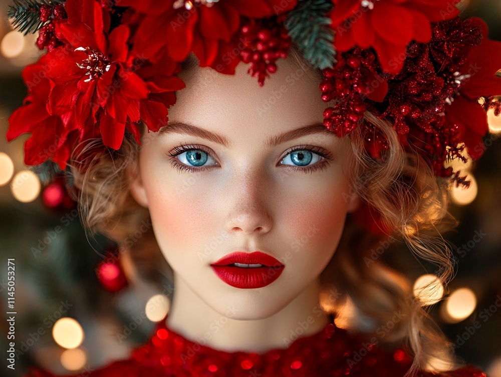 Portrait of a young girl with curly blonde hair and blue eyes wearing a festive red floral wreath on her head. Portrait of a young girl with curly blonde hair and blue eyes wearing a festive red floral wreath on her head.