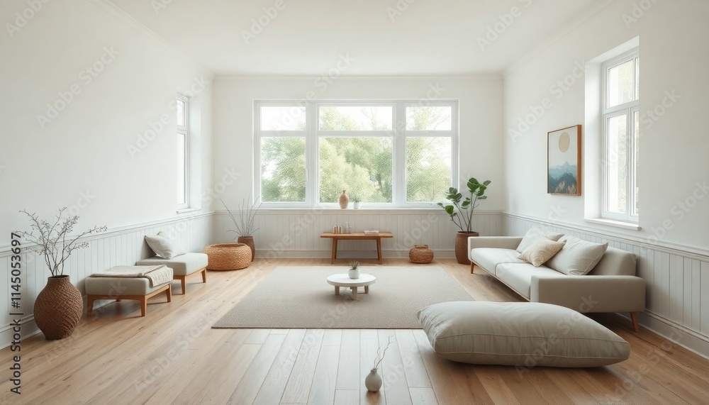 A tranquil meditation-inspired studio living room with pale wood skirting boards, simple, low seating A tranquil meditation-inspired studio living room with pale wood skirting boards, simple, low seating