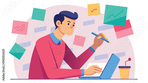 Creative man organizing tasks with sticky notes and checklist in bright workspace