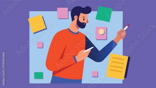 Creative man organizing tasks with sticky notes and checklist in bright workspace