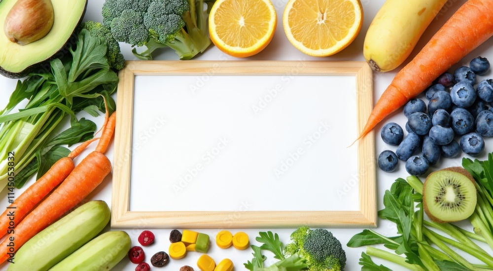 Many different fruits and vegetables arranged around a picture frame, space for text Many different fruits and vegetables arranged around a picture frame, space for text