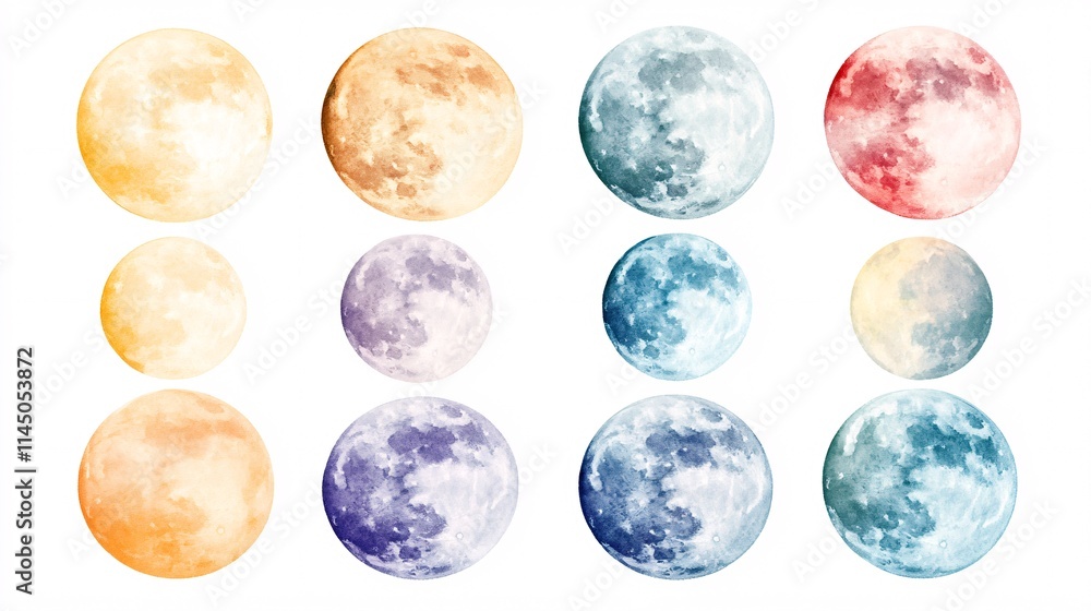 A vibrant collection of watercolor moon illustrations in various colors and sizes. A vibrant collection of watercolor moon illustrations in various colors and sizes.