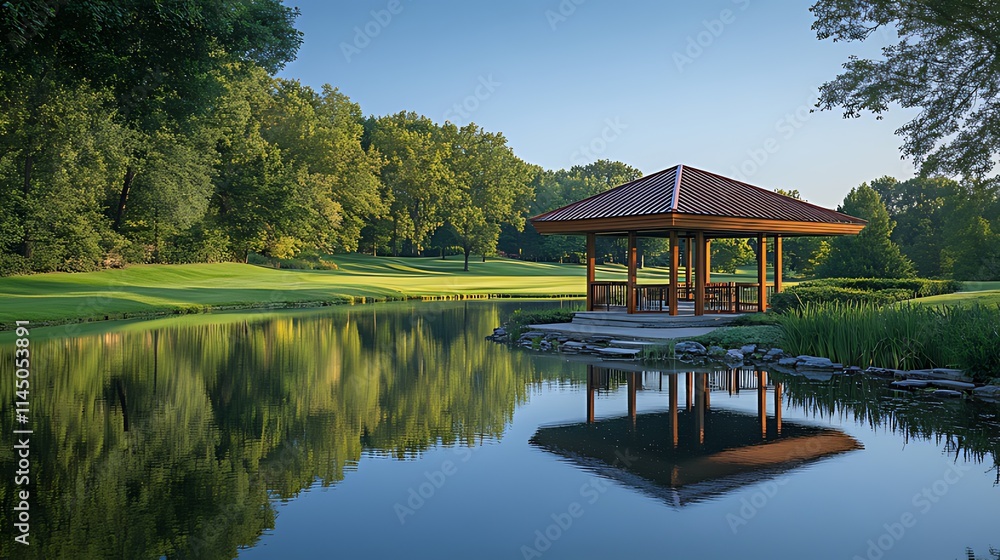 Obraz premium Serene gazebo by tranquil pond on golf course at sunrise.