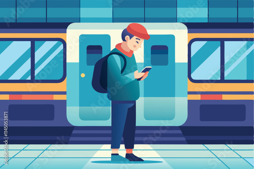 Commuter waits at busy urban subway platform while using smartphone during morning rush hour in modern vector art