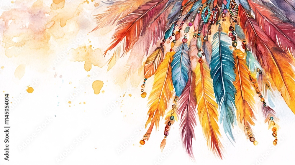 Vibrant watercolor feathers in warm tones create a striking bohemian design, evoking a sense of freedom and creativity. Vibrant watercolor feathers in warm tones create a striking bohemian design, evoking a sense of freedom and creativity.