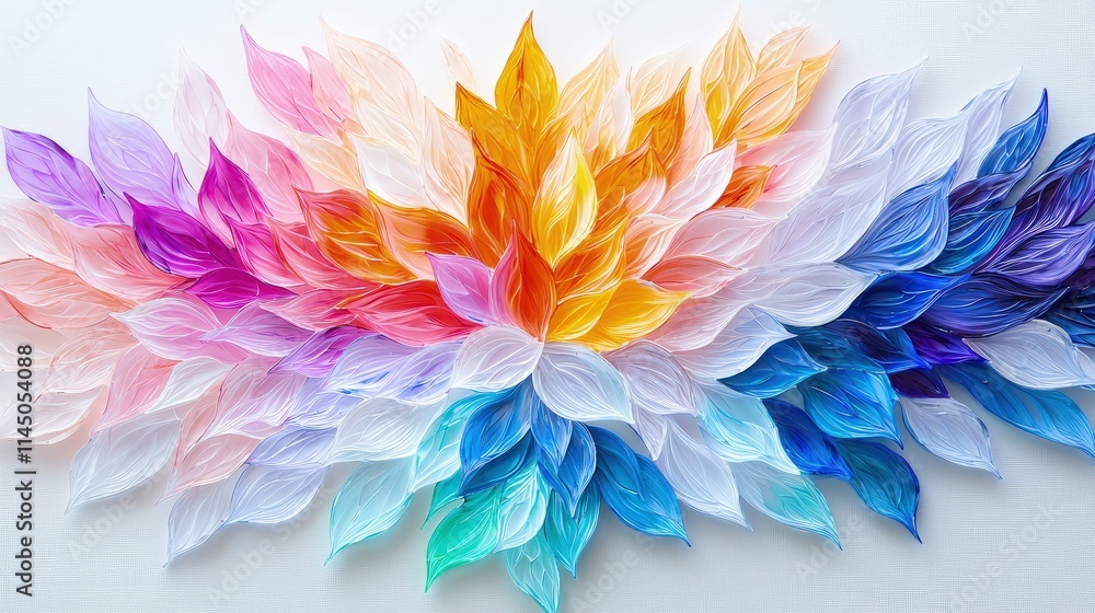Colorful paper leaves arranged in a vibrant, radiating pattern. Colorful paper leaves arranged in a vibrant, radiating pattern.