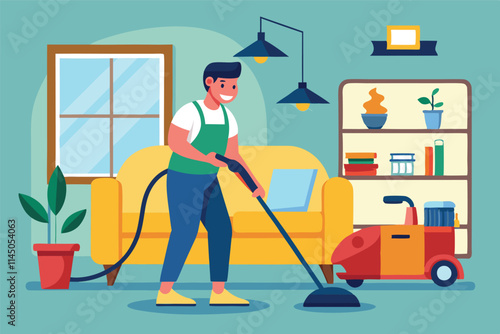 Professional cleaning in a cozy room with modern decor and colorful furniture during daylight hours