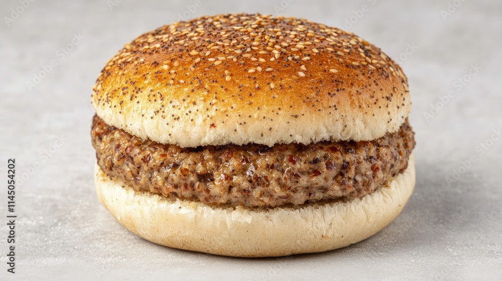Single hamburger on a sesame seed bun. Single hamburger on a sesame seed bun.