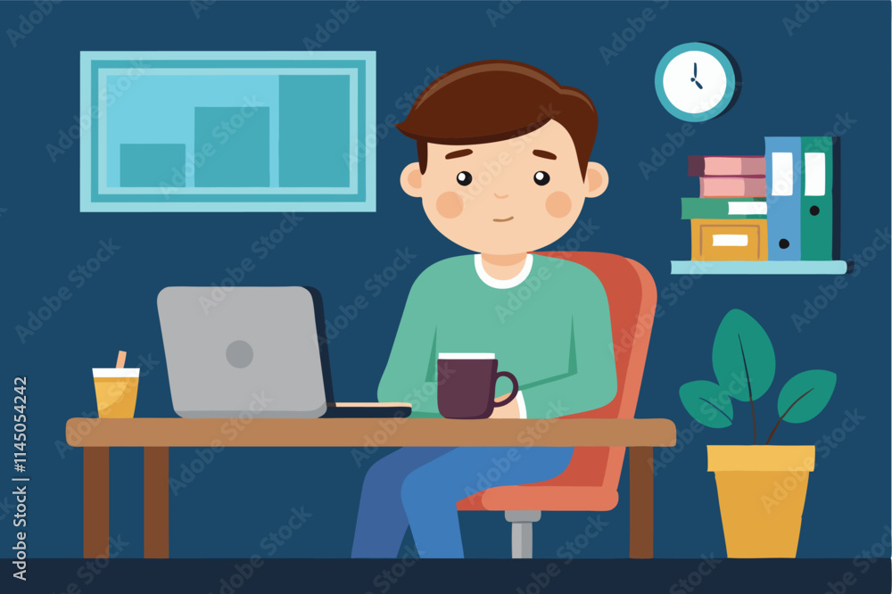 Fototapeta premium Young man enjoying a hot beverage while working on a computer in a cozy office environment with plants and books