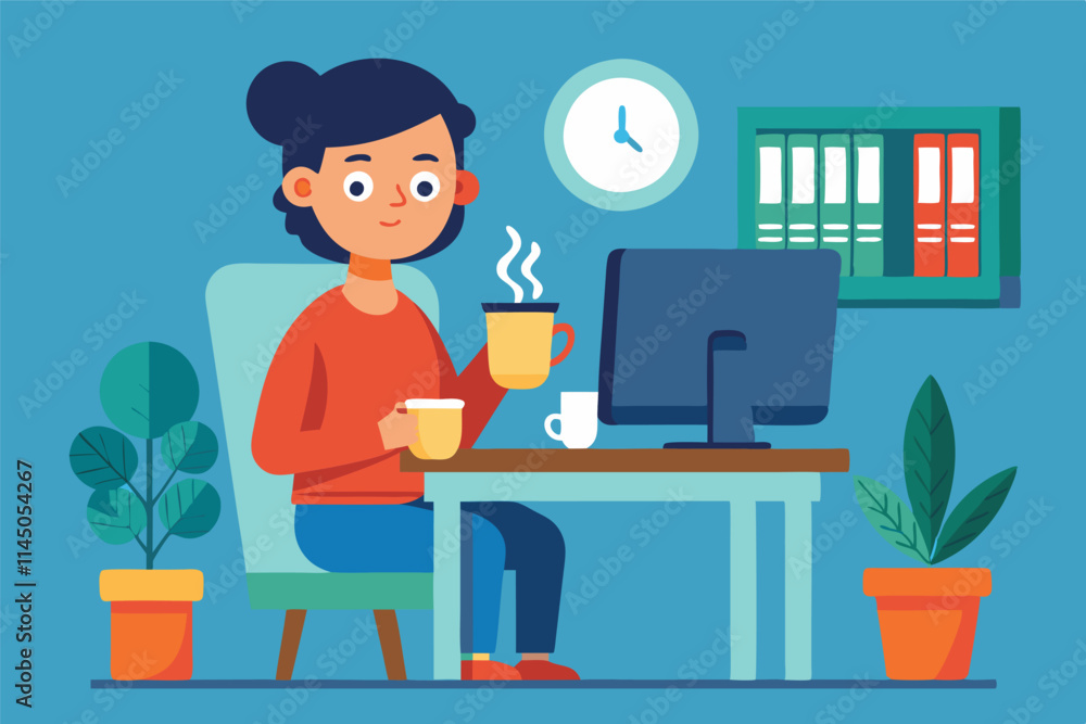 Fototapeta premium Young man enjoying a hot beverage while working on a computer in a cozy office environment with plants and books