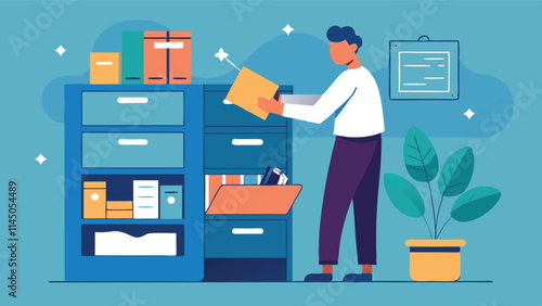 Working at an office desk organizing files and documents in a colorful vector illustration