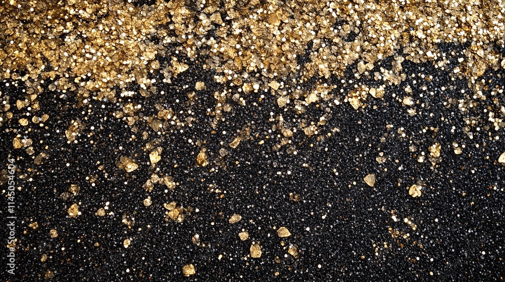 A dazzling close-up of golden glitter shimmering against a dark background, creating an elegant and festive mood. A dazzling close-up of golden glitter shimmering against a dark background, creating an elegant and festive mood.
