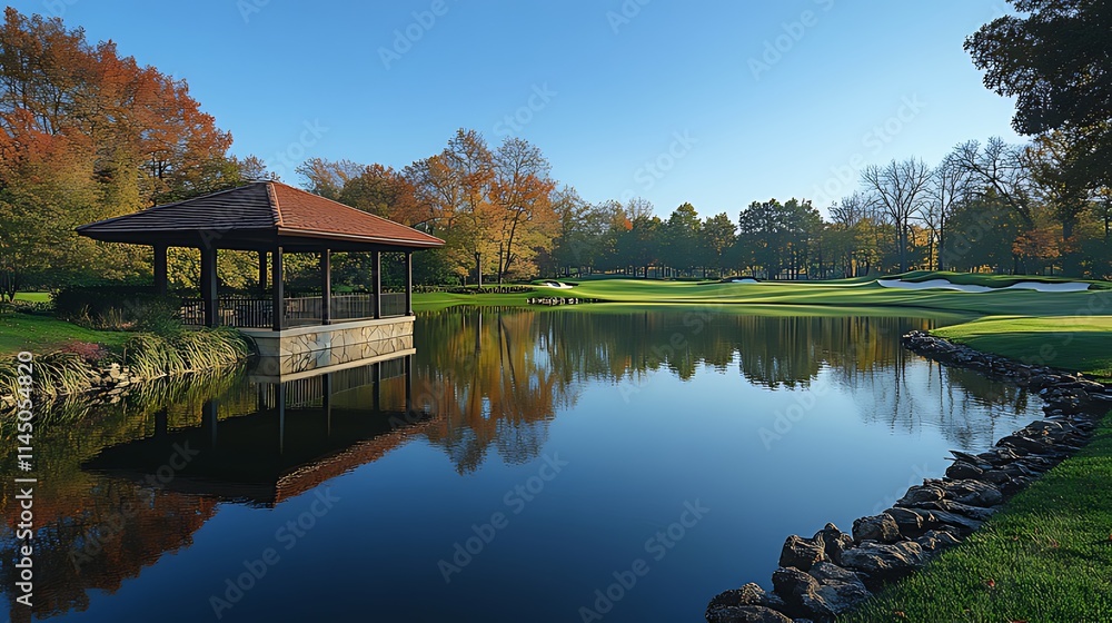 Obraz premium Serene autumnal golf course scene with gazebo and reflecting pond.