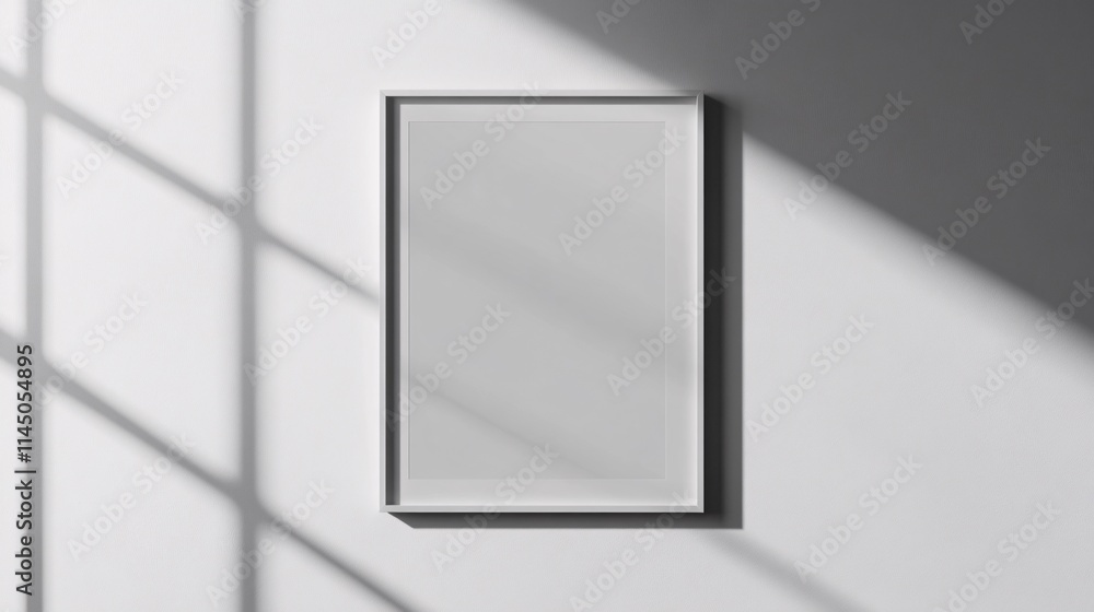 A minimalistic white frame hangs on a light wall, casting soft shadows in a serene indoor setting. A minimalistic white frame hangs on a light wall, casting soft shadows in a serene indoor setting.