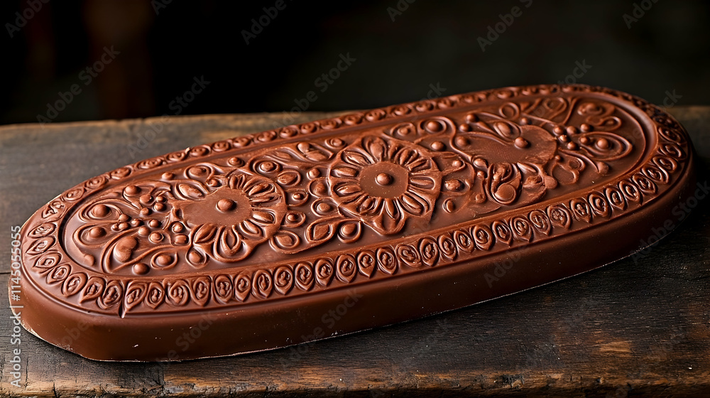 Oval milk chocolate bar with embossed floral design on rustic wood. Oval milk chocolate bar with embossed floral design on rustic wood.