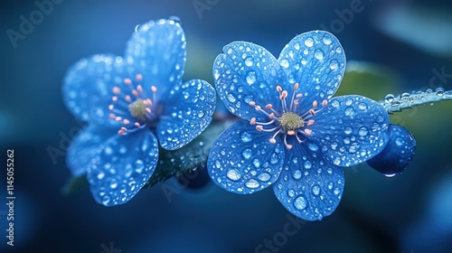 Two blue flowers with dew drops.