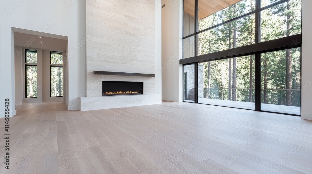 Fototapeta premium Modern living room with fireplace, large windows, and hardwood floors.