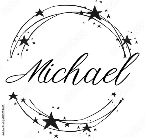 michael - name written between circles and stars, round logo, vector graphic design for parties and Christmas time, banners, postcards, sweatshirt, prints, cricut, silhouette, sublimation	