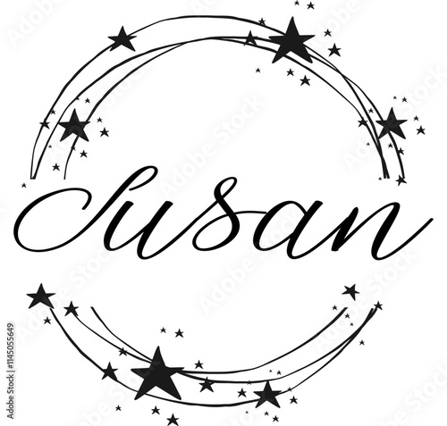 Susan - name written between circles and stars, round logo, vector graphic design for parties and Christmas time, banners, postcards, sweatshirt, prints, cricut, silhouette, sublimation	