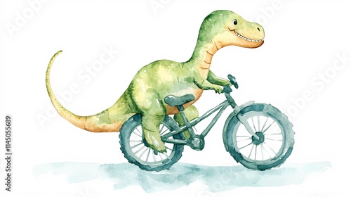 Fototapeta Naklejka Na Ścianę i Meble -  A cheerful green dinosaur joyfully riding a bicycle, showcasing a playful and whimsical scene.
