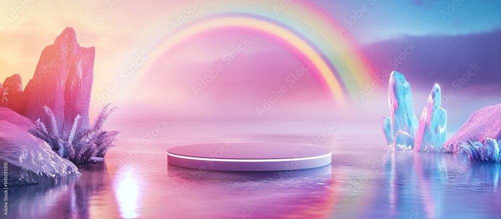 Surreal Platform Beside Rainbow and Pastel Rocks Surreal Platform Beside Rainbow and Pastel Rocks