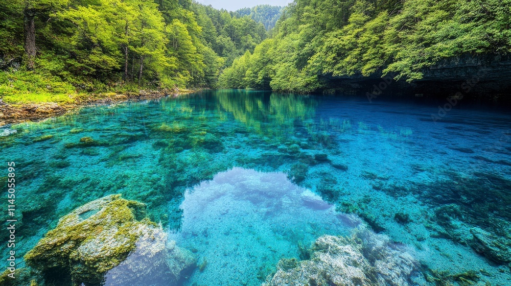 Serene Blue Waters Surrounded by Lush Green Forests Reflecting Nature's Beauty in a Calm River Landscape Under Clear Blue Skies Serene Blue Waters Surrounded by Lush Green Forests Reflecting Nature's Beauty in a Calm River Landscape Under Clear Blue Skies