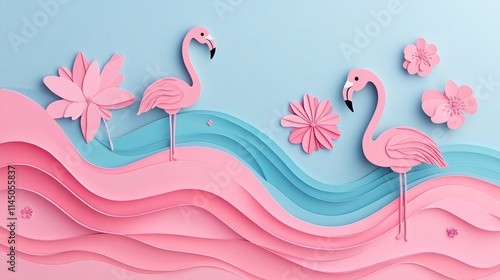 Two pink flamingos stand gracefully amidst a vibrant paper wave and floral design, exuding a playful tropical charm.
