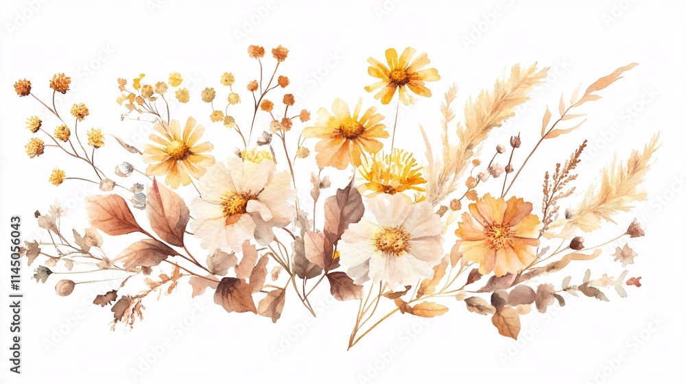 A beautiful arrangement of soft, warm-toned flowers and foliage, showcasing elegant watercolor artistry. A beautiful arrangement of soft, warm-toned flowers and foliage, showcasing elegant watercolor artistry.