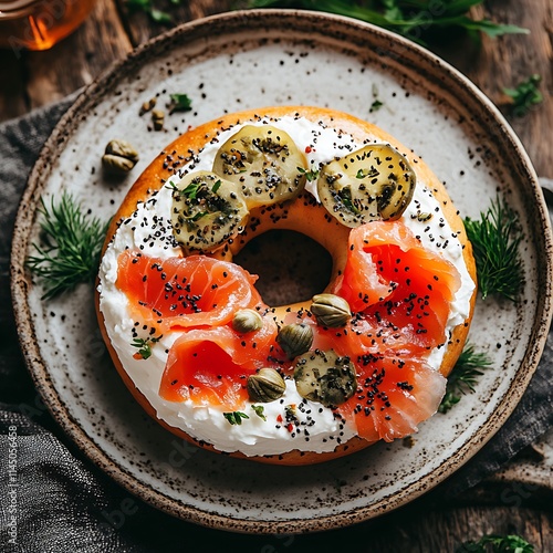 Top view of fresh bagel on a plate with cream