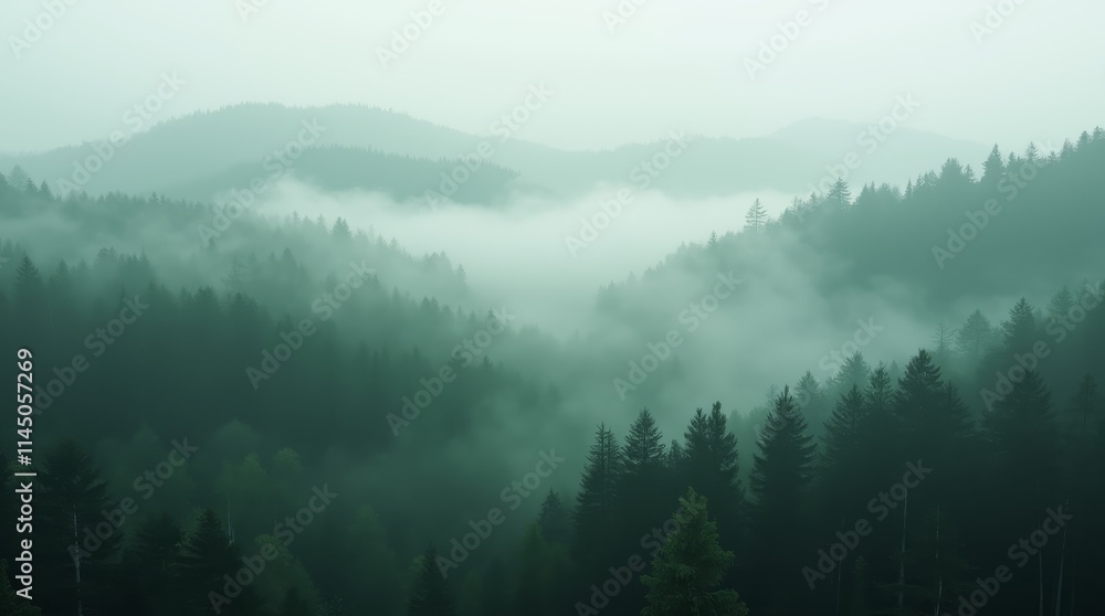 Ethereal Mountain Landscape: Misty Forest in Soft Focus with Atmospheric Haze Ethereal Mountain Landscape: Misty Forest in Soft Focus with Atmospheric Haze