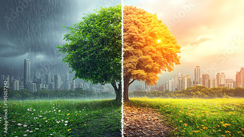 A vibrant cityscape divided by a tree, depicting contrasting weather conditions with rain on one side and sunshine on the other.