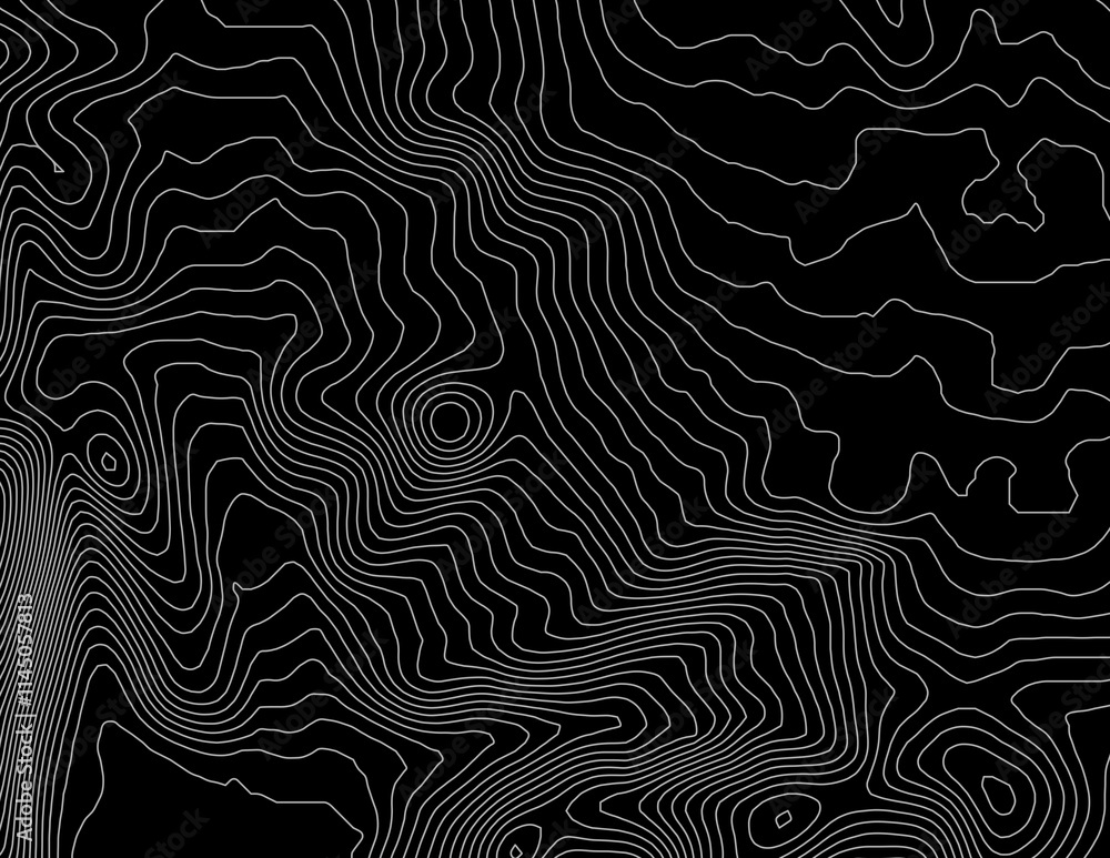 Curvas de nivel, mapa topográfico sobre fondo negro